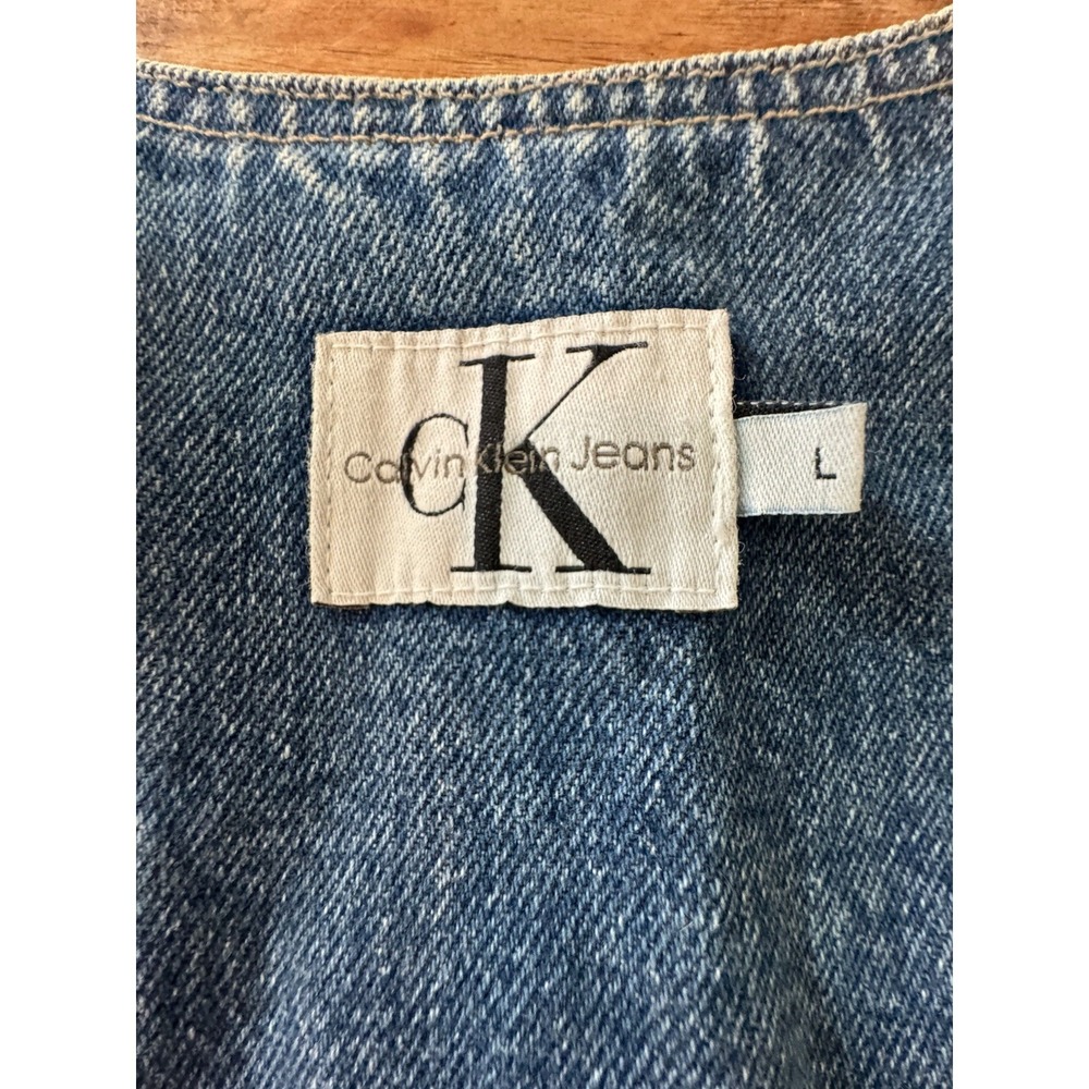 90s Calvin Klein CK Jeans Denim Button Vest Unisex Leather Patch Sz L Vintage - Picture 5 of 8